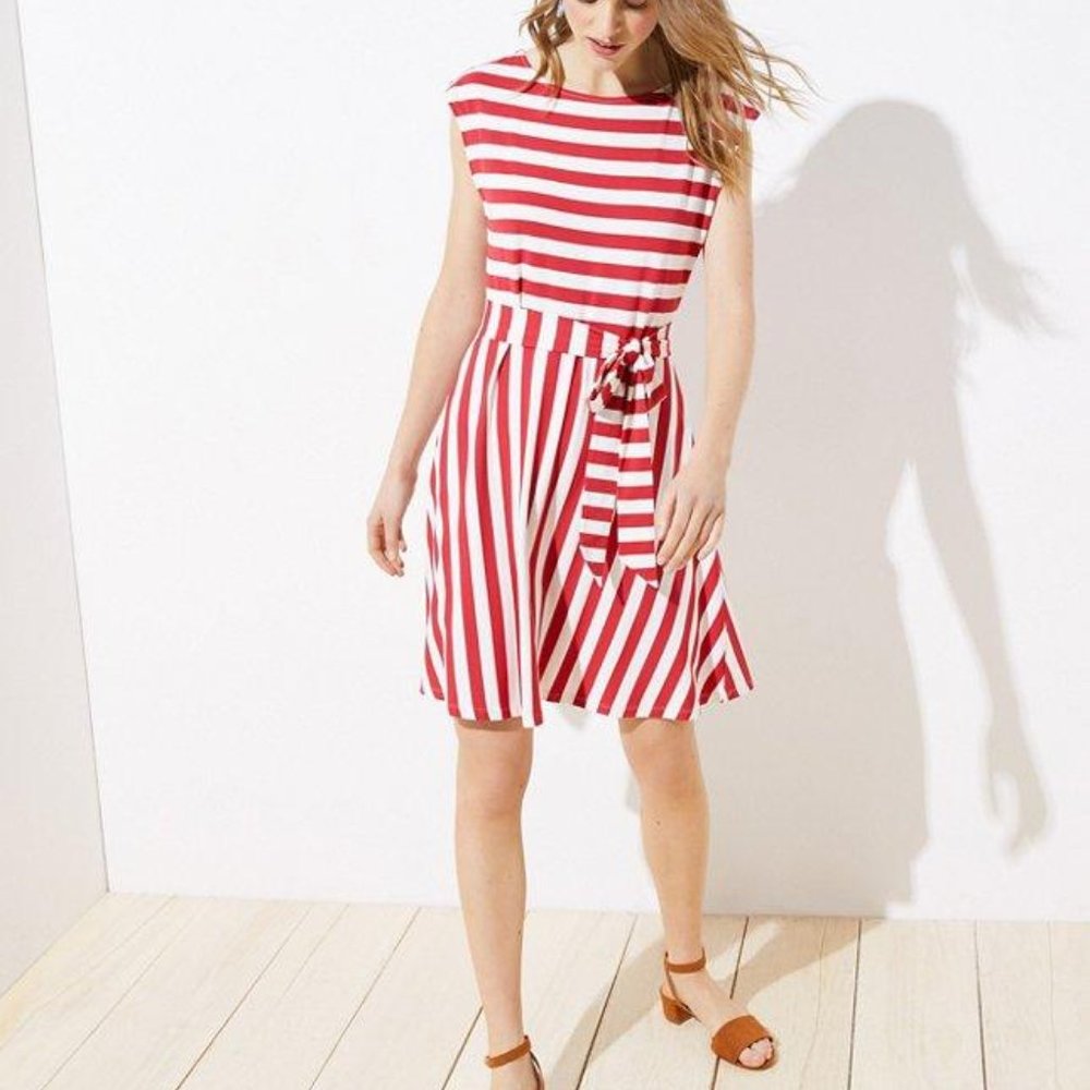 LOFT Striped Tie Waist Flare Dress